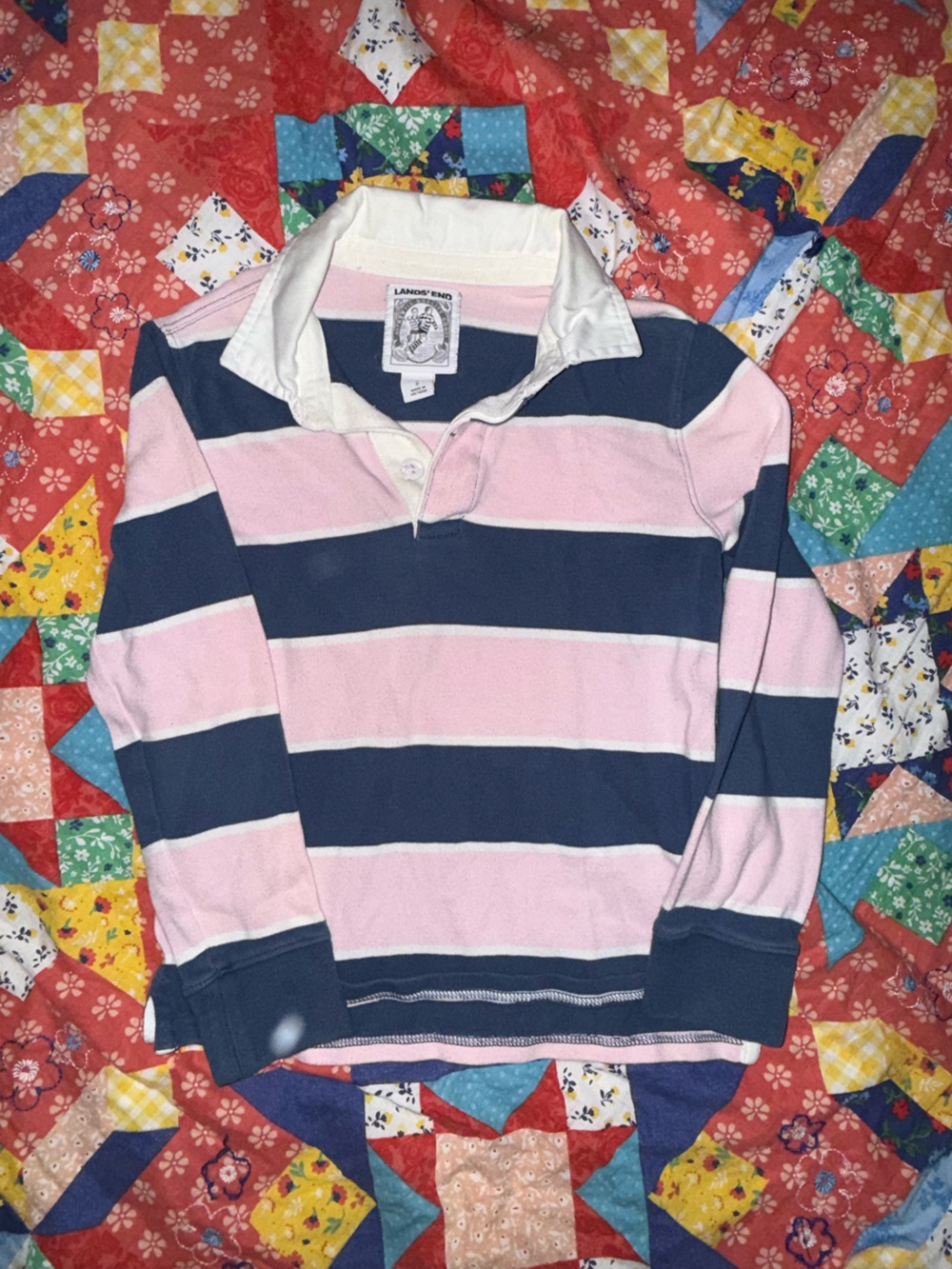 Lands' End Pink and Navy Striped Rugby Polo